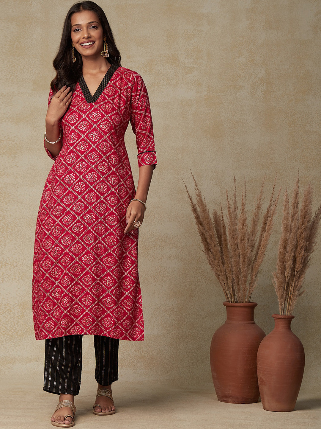 

FASHOR Magenta Bandhani Printed Kurta