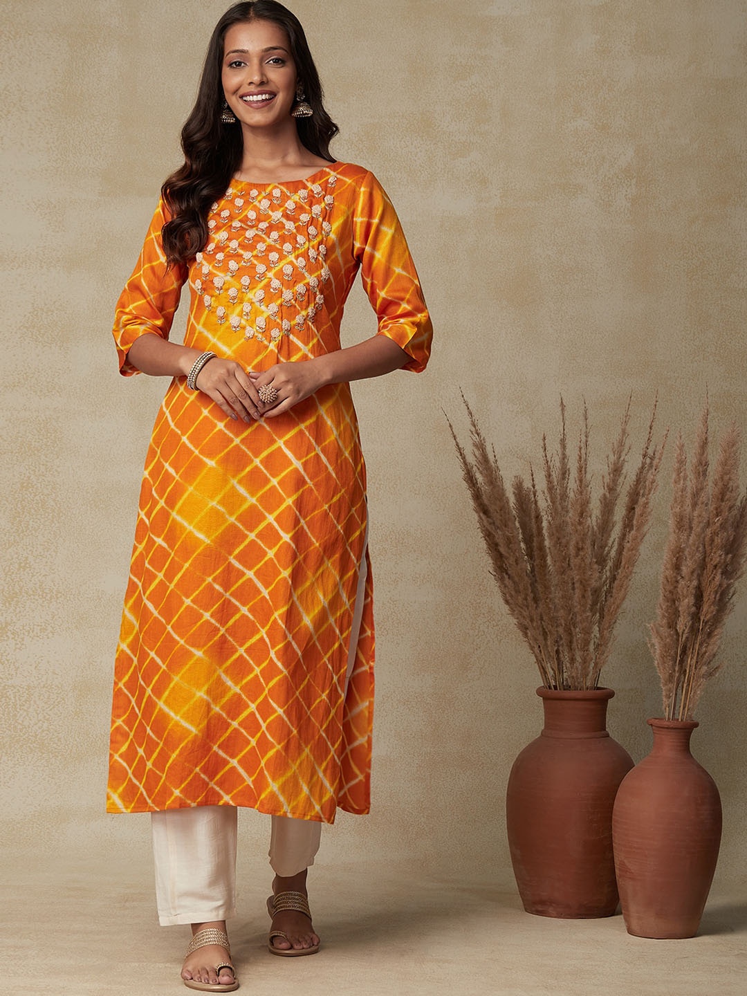 

FASHOR Mustard Yellow Geometric Printed Thread Work Kurta