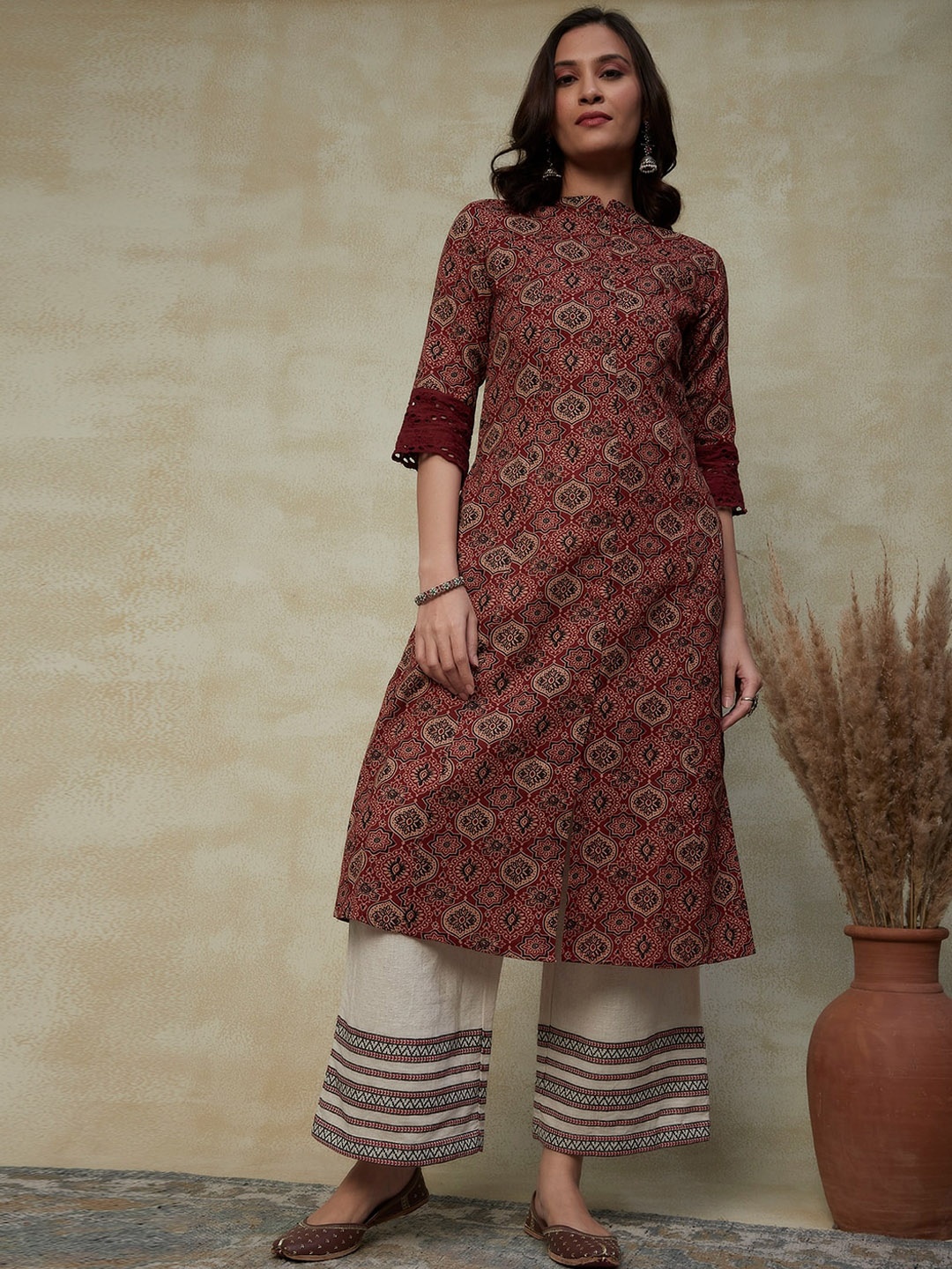 

FASHOR Ethnic Motifs Printed Pure Cotton Kurta, Maroon