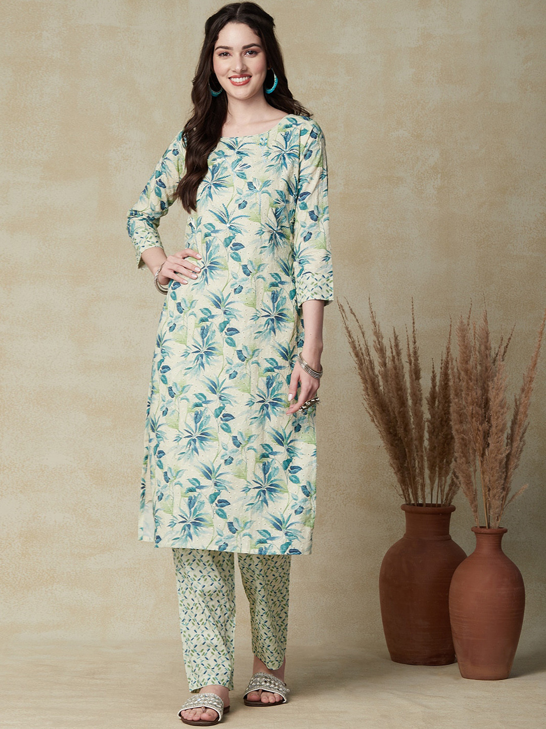 

FASHOR Floral Printed Pure Cotton Kurta with Trousers, Cream