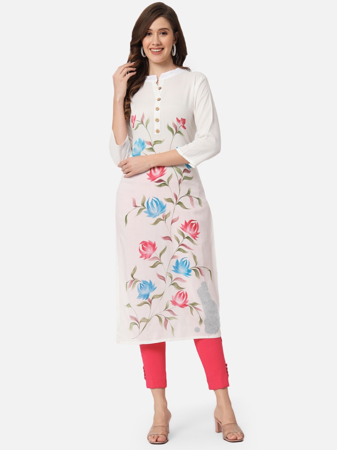 

KALINI Floral Printed Mandarin Collar Straight Kurta, White