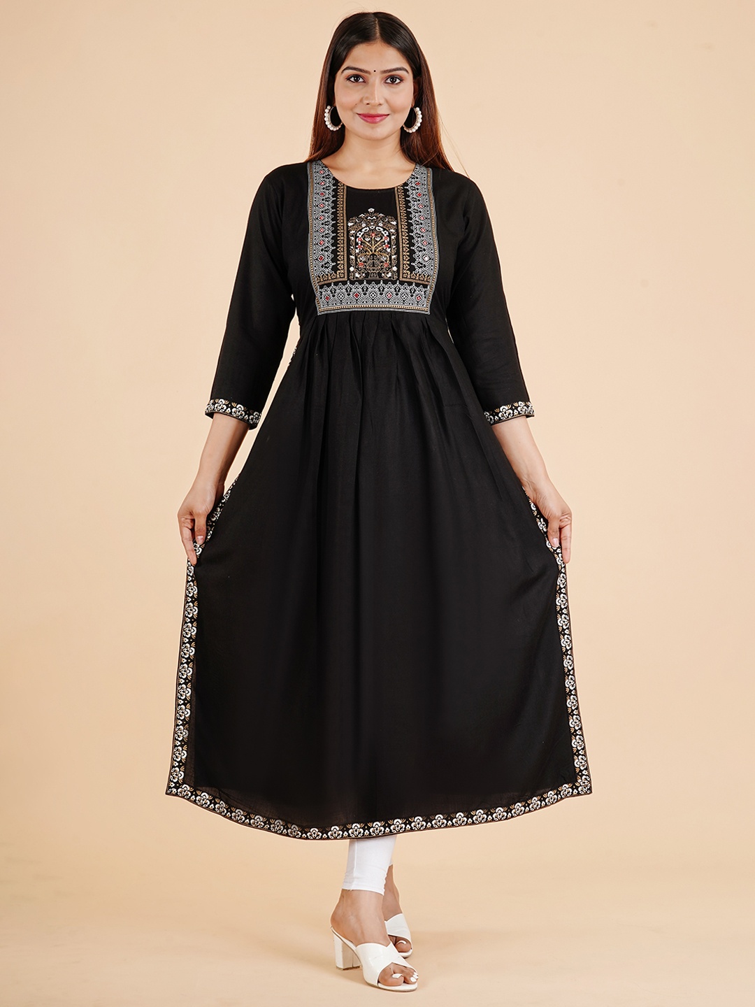 

KALINI Ethnic Motifs Yoke Design Pleated Kurta, Black
