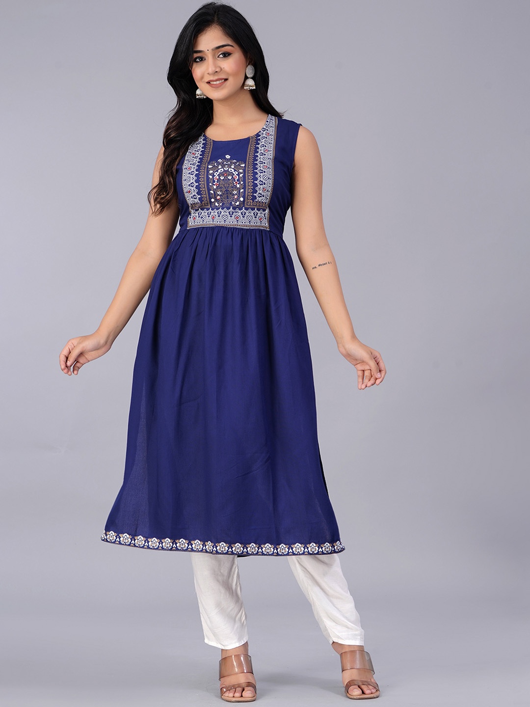KALINI Ethnic Motifs Yoke Design Pleated Kurta, Navy blue