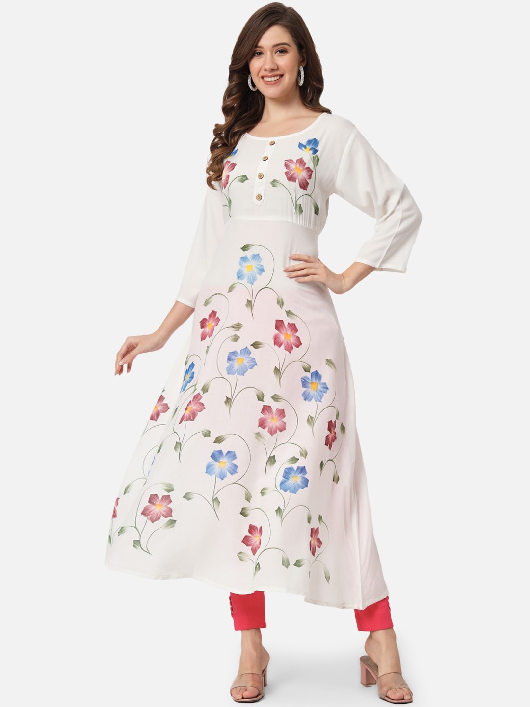 

KALINI Floral Printed Round Neck A-Line Kurta, White