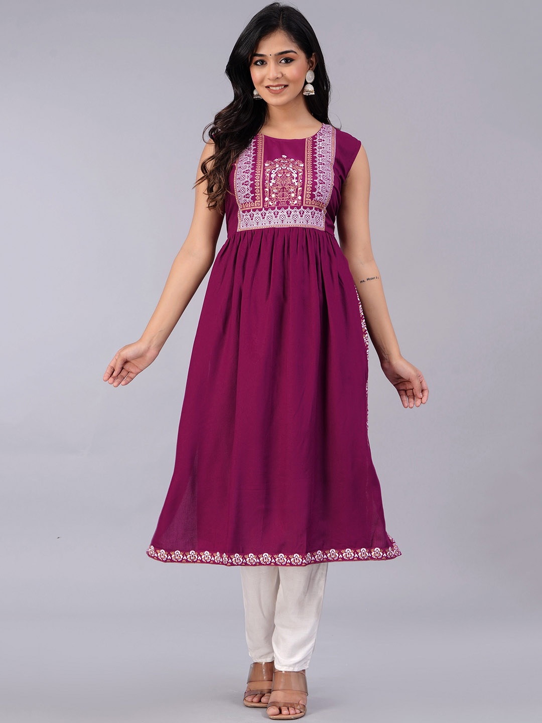 

KALINI Ethnic Motifs Yoke Design Pleated Kurta, Purple