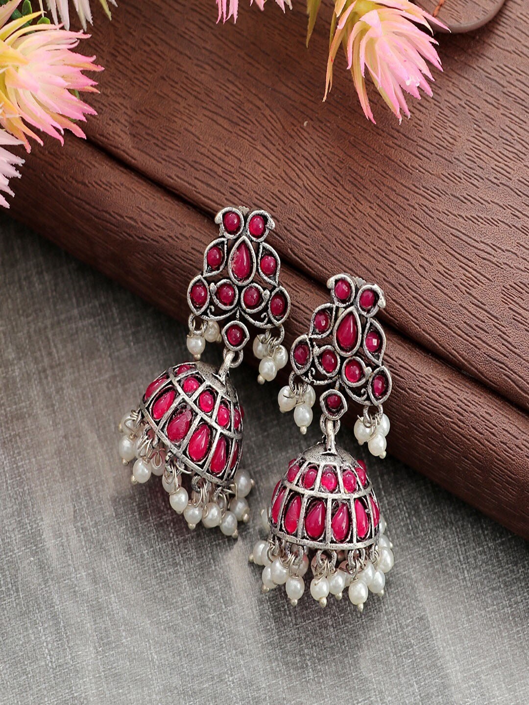 

UNIVERSITY TRENDZ Silver Plated Stone Studded & Beaded Oxidised Dome Shaped Jhumkas