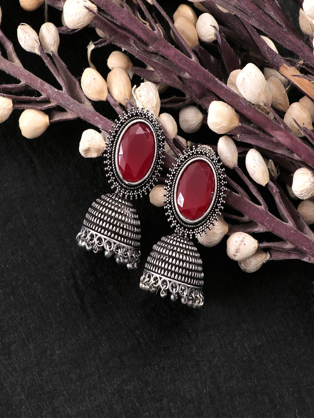 

UNIVERSITY TRENDZ Silver Plated Stone Studded Oxidised Dome Shaped Jhumkas