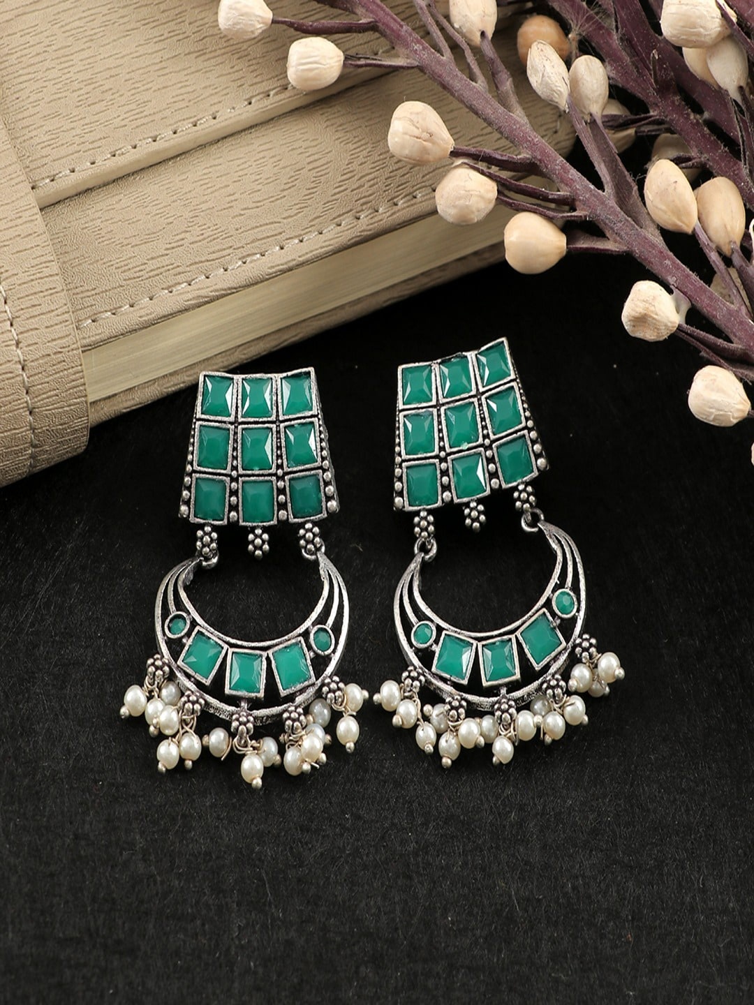 

UNIVERSITY TRENDZ Silver Plated Stone Studded & Beaded Oxidised Silver Classic Chandbalis