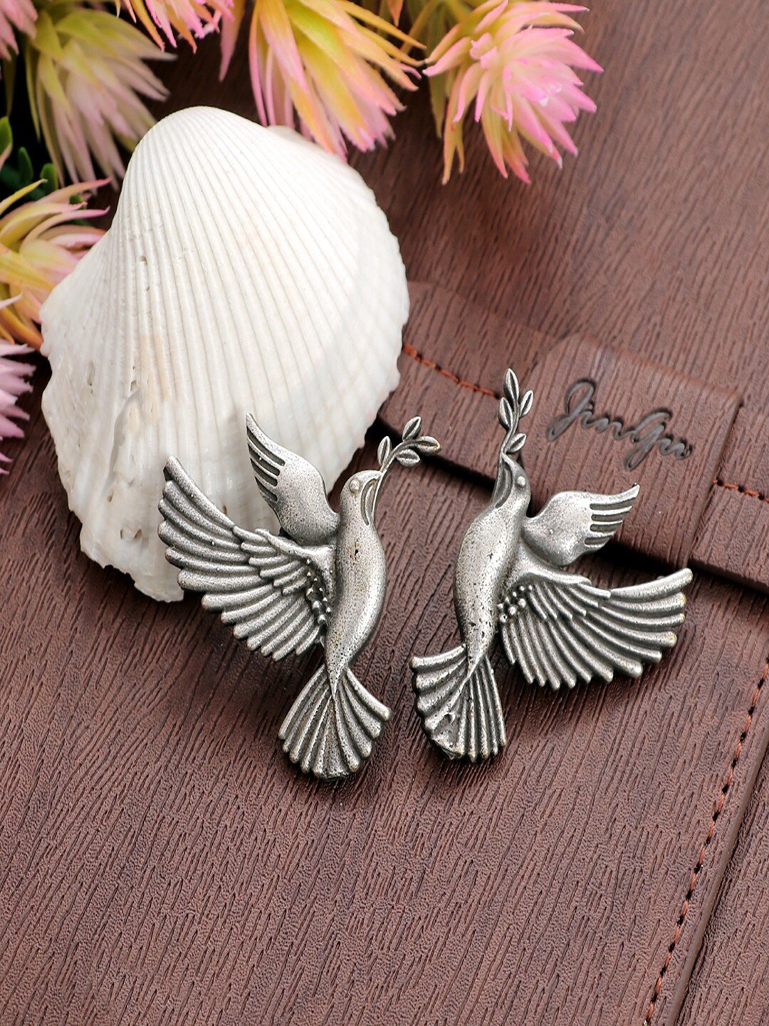 

UNIVERSITY TRENDZ Silver-Plated Bird-Shaped Oxidized Drop Earrings