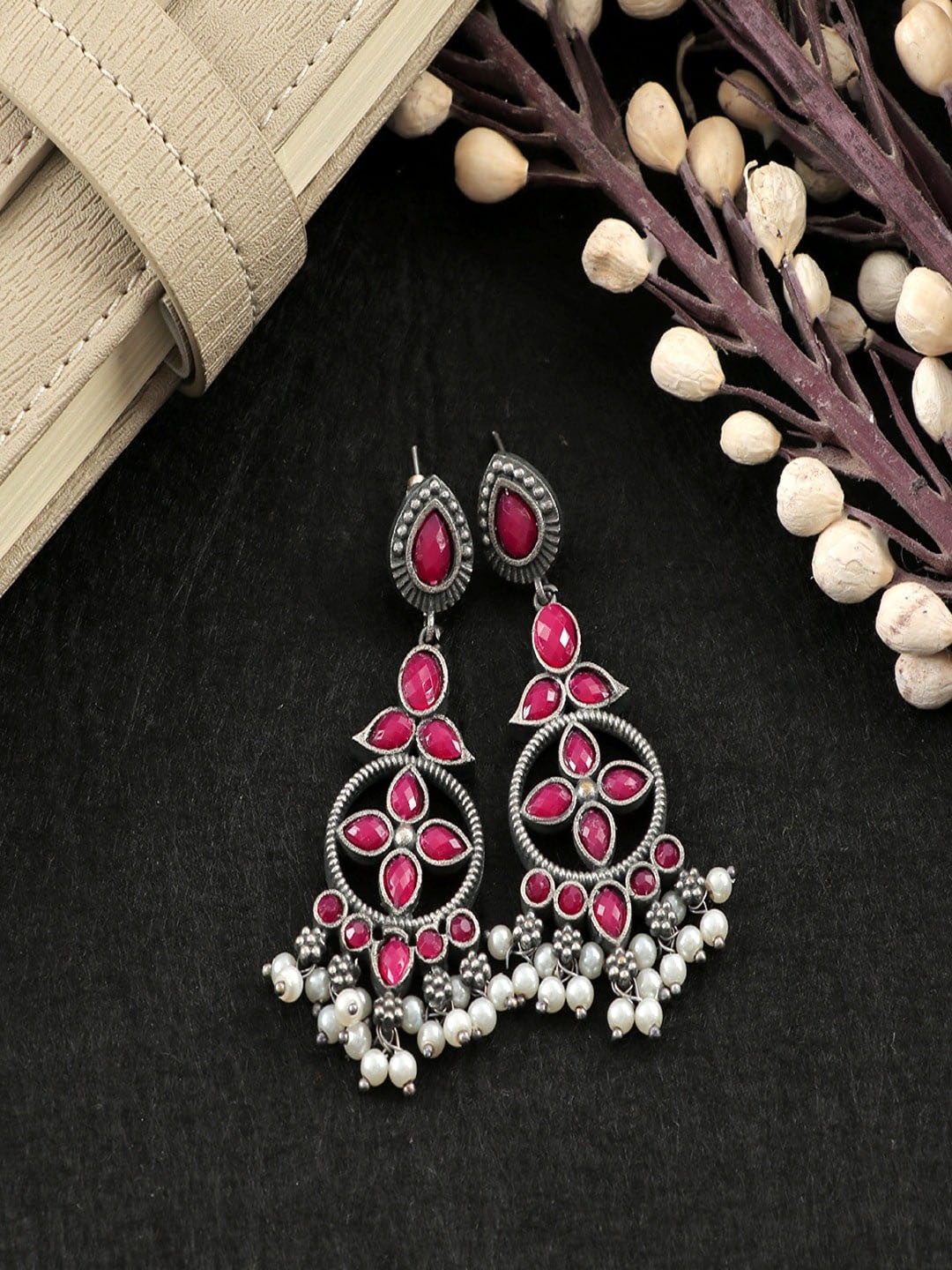 

UNIVERSITY TRENDZ Silver Plated Kundan Studded & Beaded Oxidised Drop Earrings