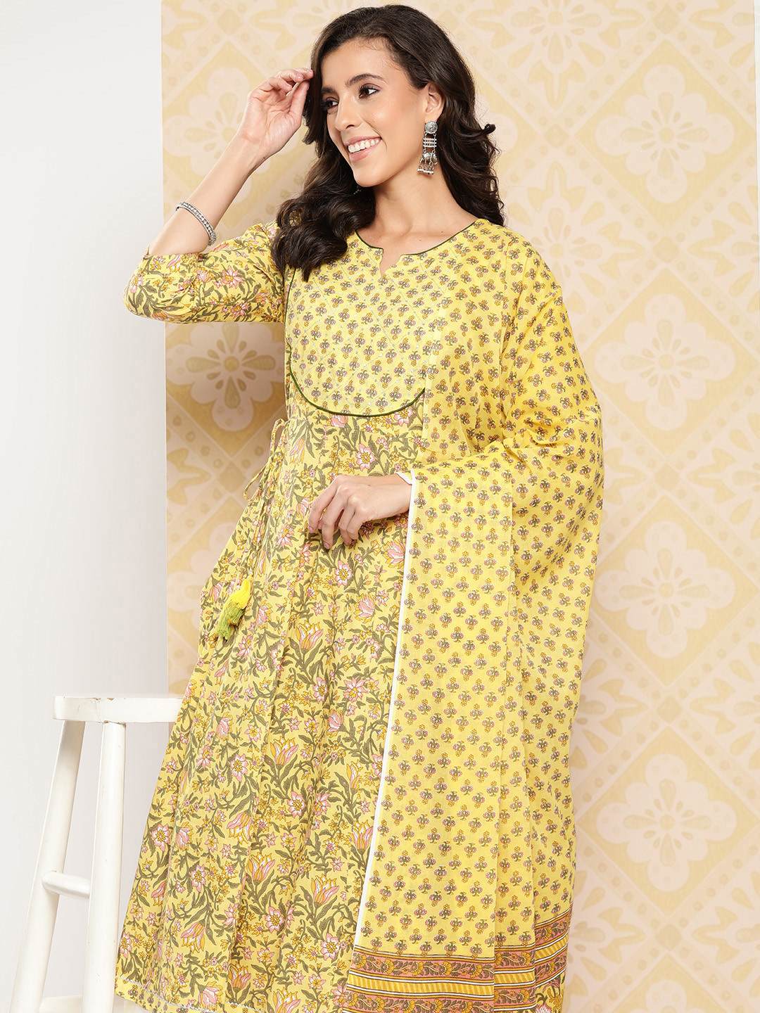 

Yufta Floral Printed Anarkali Sequinned Pure Cotton Kurta with Trousers & Dupatta, Yellow
