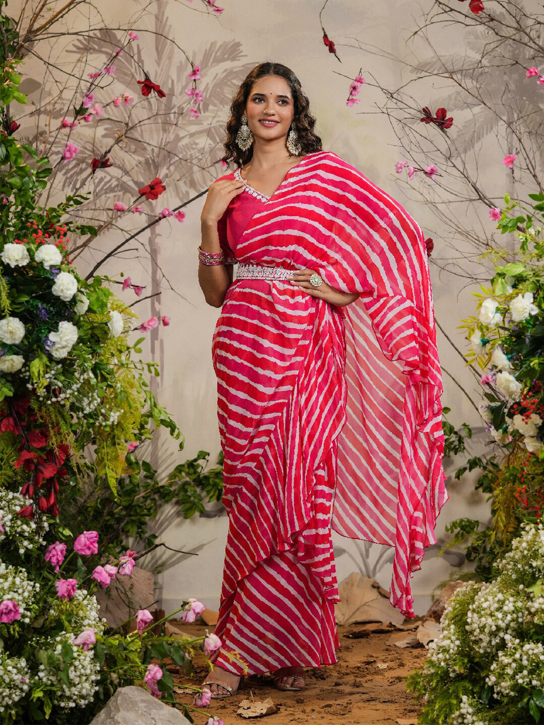 

EverBloom Leheriya Printed Embroidered Pure Georgette Ready to Wear Saree, Pink