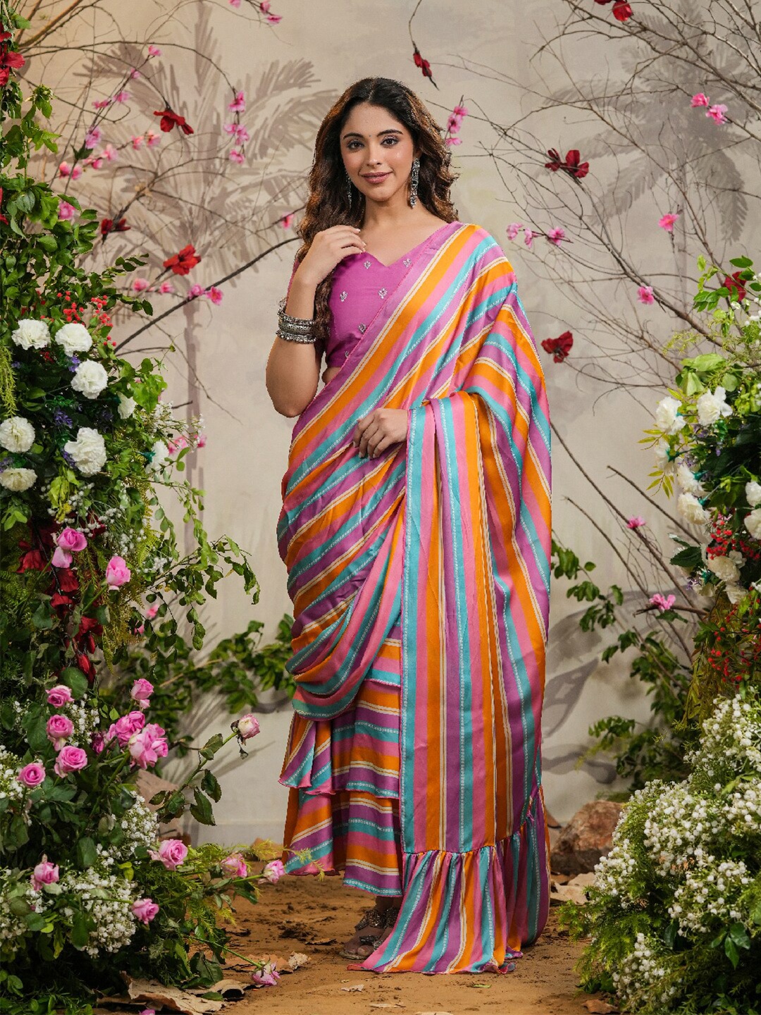 

EverBloom Striped Embroidered Satin Ready to Wear Saree, Orange