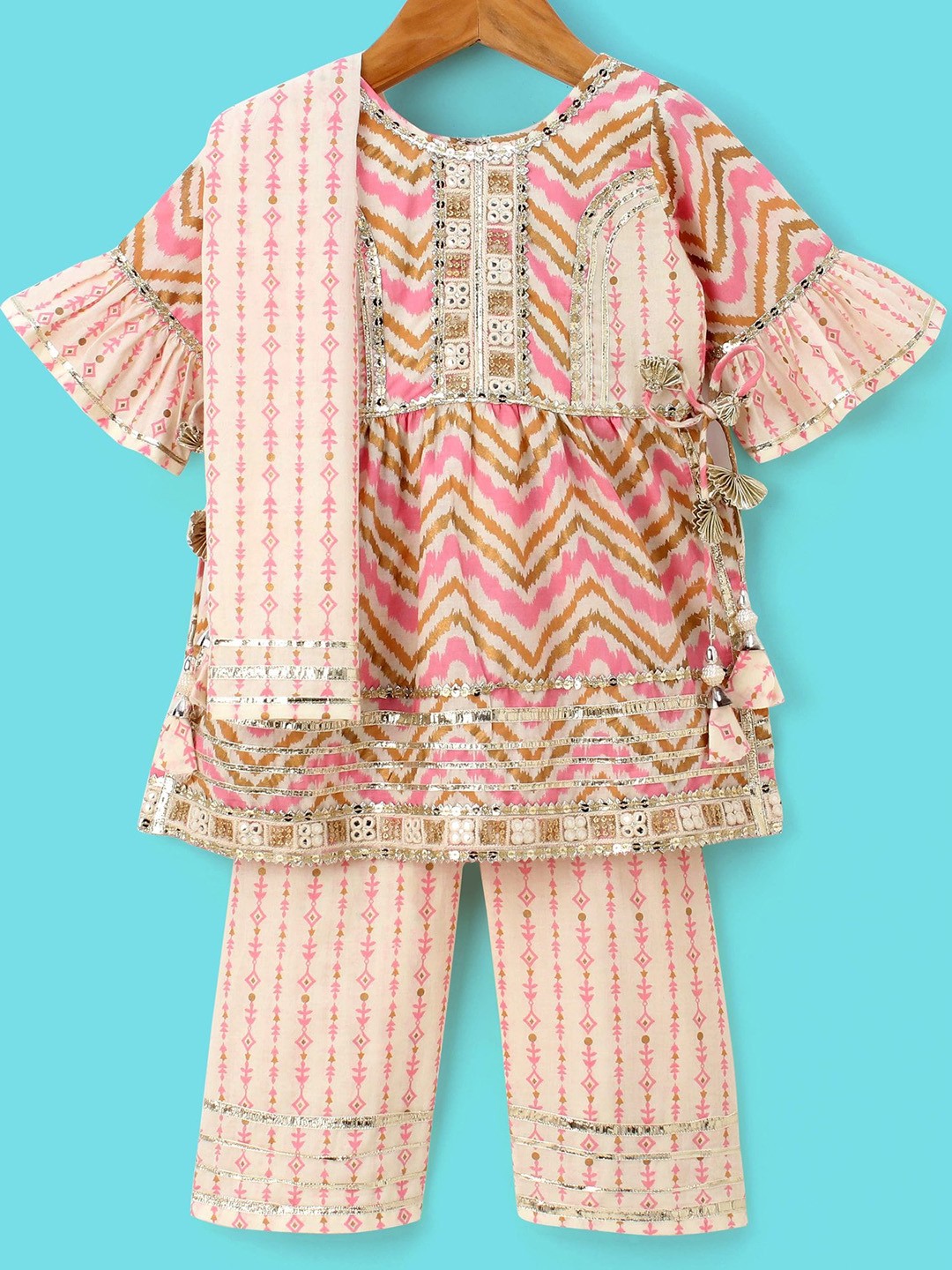 

Enfance Girls Printed Gotta Patti Pure Cotton Kurti with Palazzos & With Dupatta, Pink