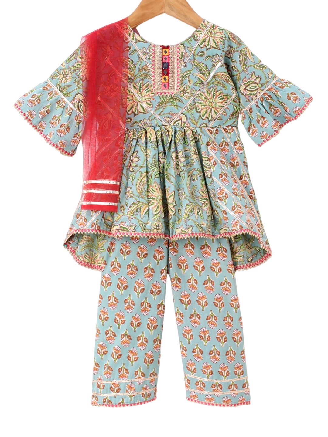 

Enfance Girls Ethnic Motifs Printed Regular Pure Cotton Kurti with Palazzos & With Dupatta, Sea green