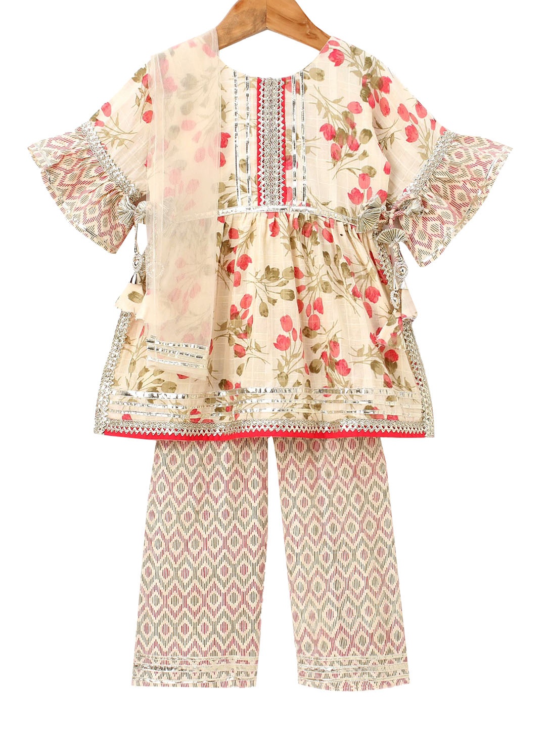 

Enfance Girls Floral Printed Gotta Patti Pure Cotton Kurti With Palazzos & Dupatta, Off white