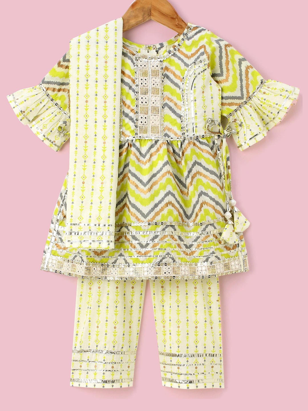 

Enfance Girls Chevron Printed Empire Mirror Work Pure Cotton Kurti With Palazzos & Dupatta, Yellow