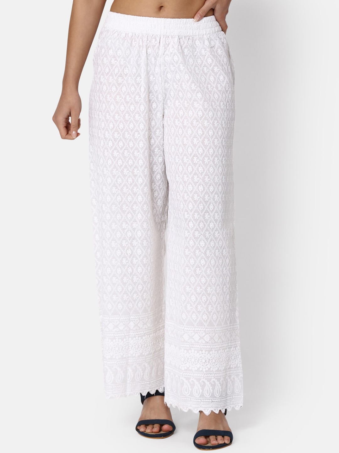 

V-Mart Women Floral Embroidered Cotton Parallel Trousers, White