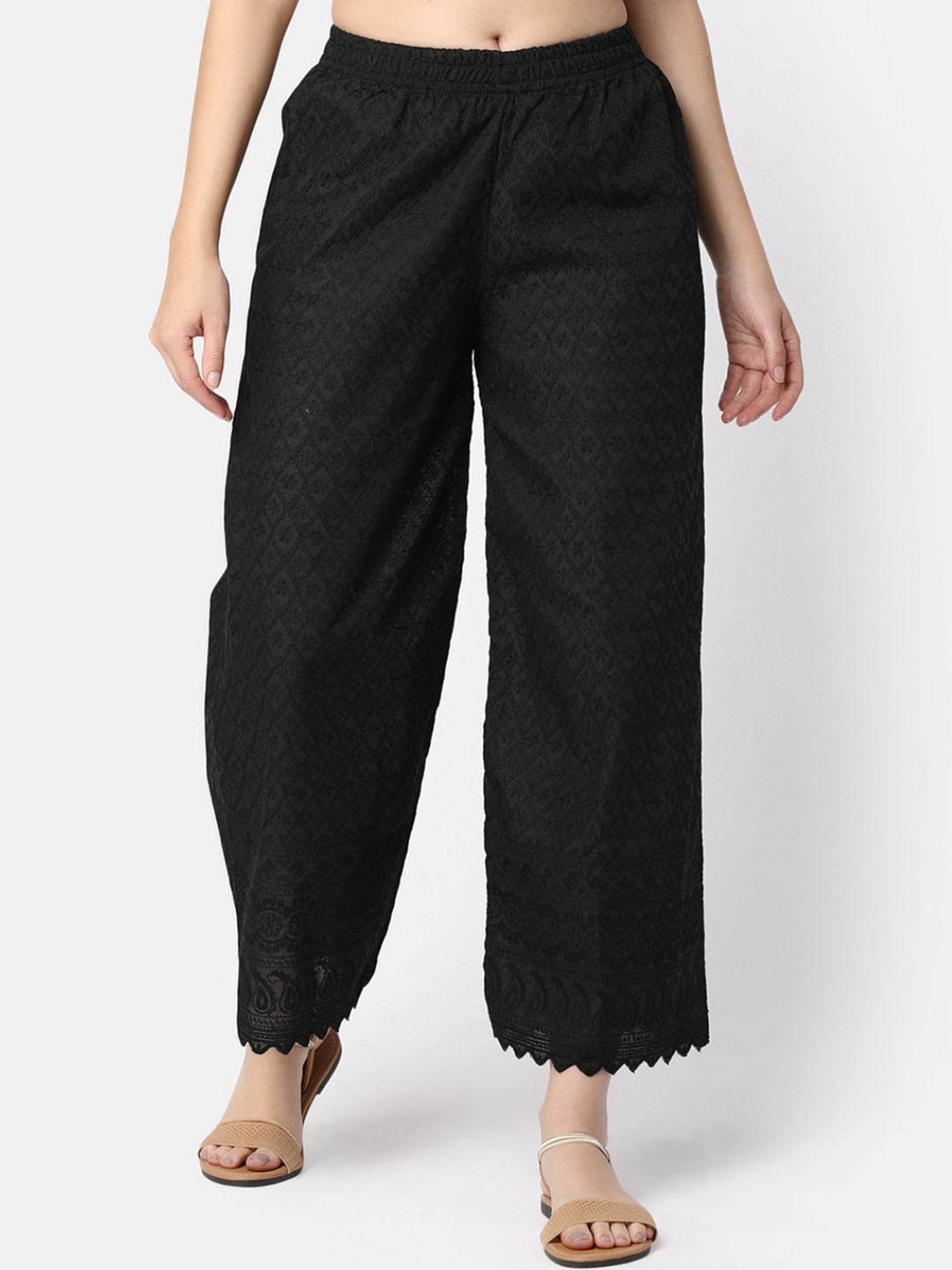 

V-Mart Ethnic Motifs Embroidered Cropped Parallel Trousers, Black
