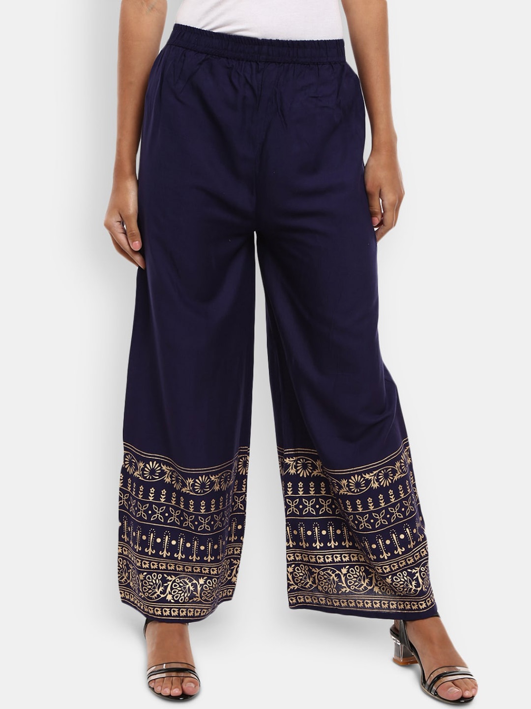 

V-Mart Ethnic Motifs Printed Wide Leg Palazzos, Navy blue