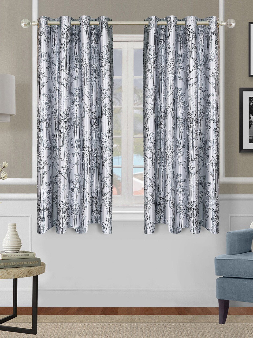 

ROMEE Grey & Blue 2 Pieces Floral Room Darkening Window Curtains