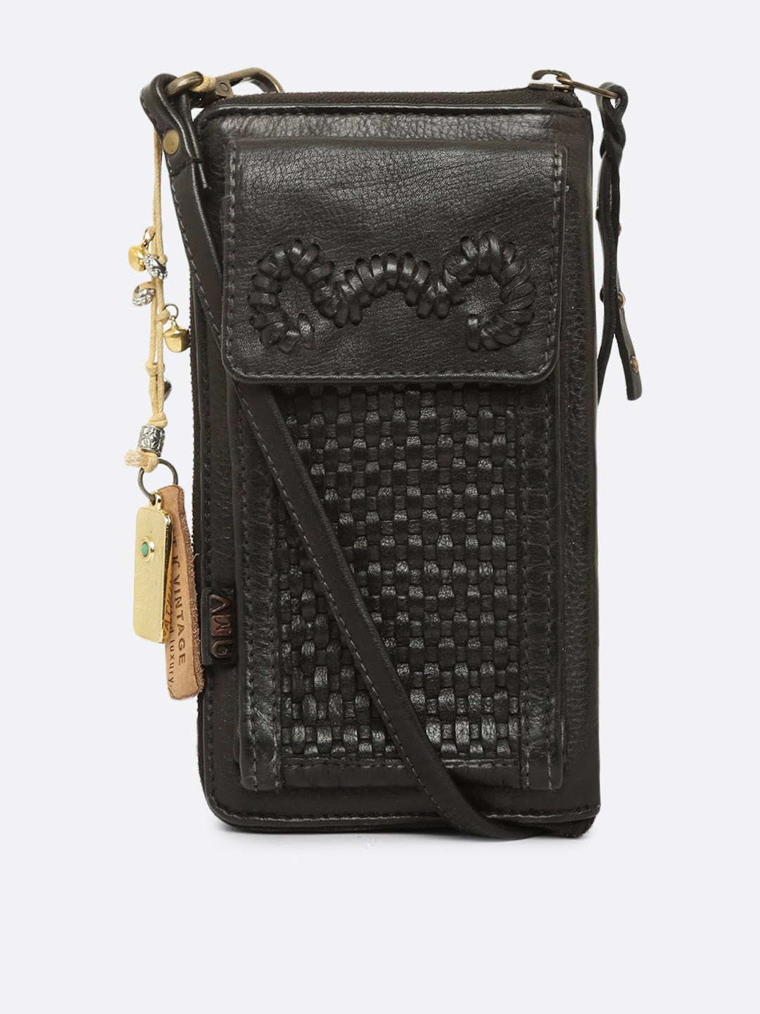 

ART N VINTAGE Textured Leather Structured Sling Bag With Cut Work, Black
