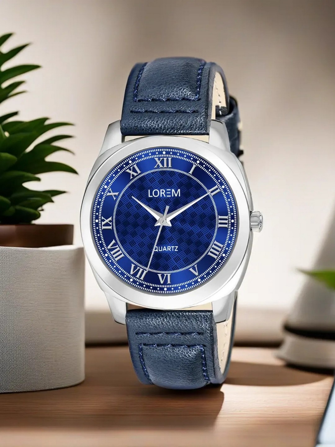 

LOREM Brass Dial & Leather Textured Straps Analogue Watch, Blue