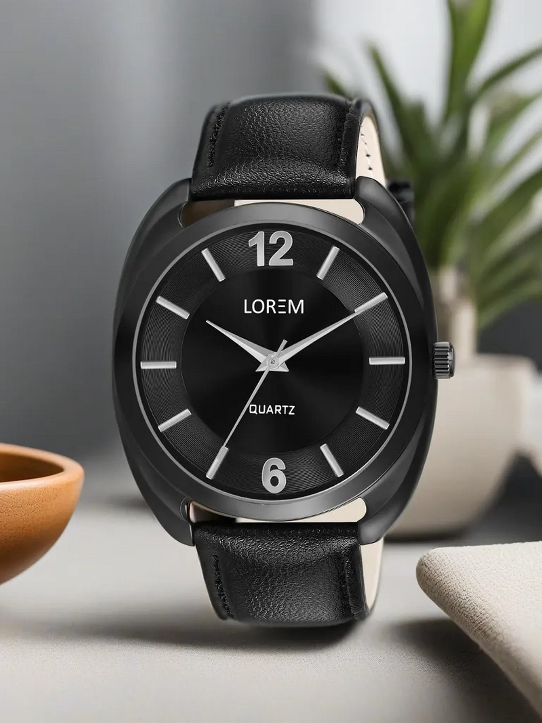 

LOREM Men Brass Dial & Black Leather Straps Analogue Watch