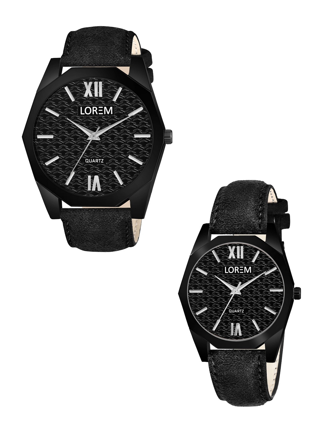 

LOREM Unisex Set Of 2 Textured Dial Leather Straps Analogue Couple Watches LR82-LR329, Black