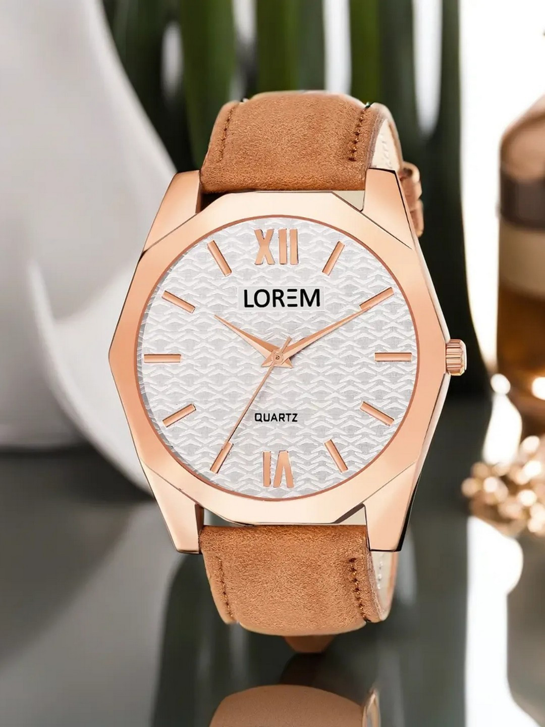 

LOREM Men Brass Dial & Brown Leather Straps Analogue Watch LR84