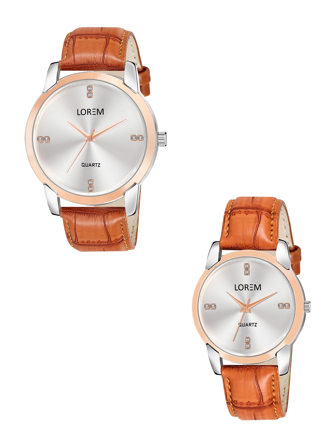 

LOREM Unisex Set Of 2 Brass Dial & Leather Straps Analogue Watch LR97-LR344, Silver