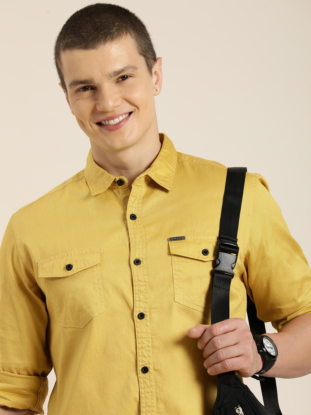 

HERE&NOW Men Slim Fit Opaque Pure Cotton Casual Shirt, Mustard