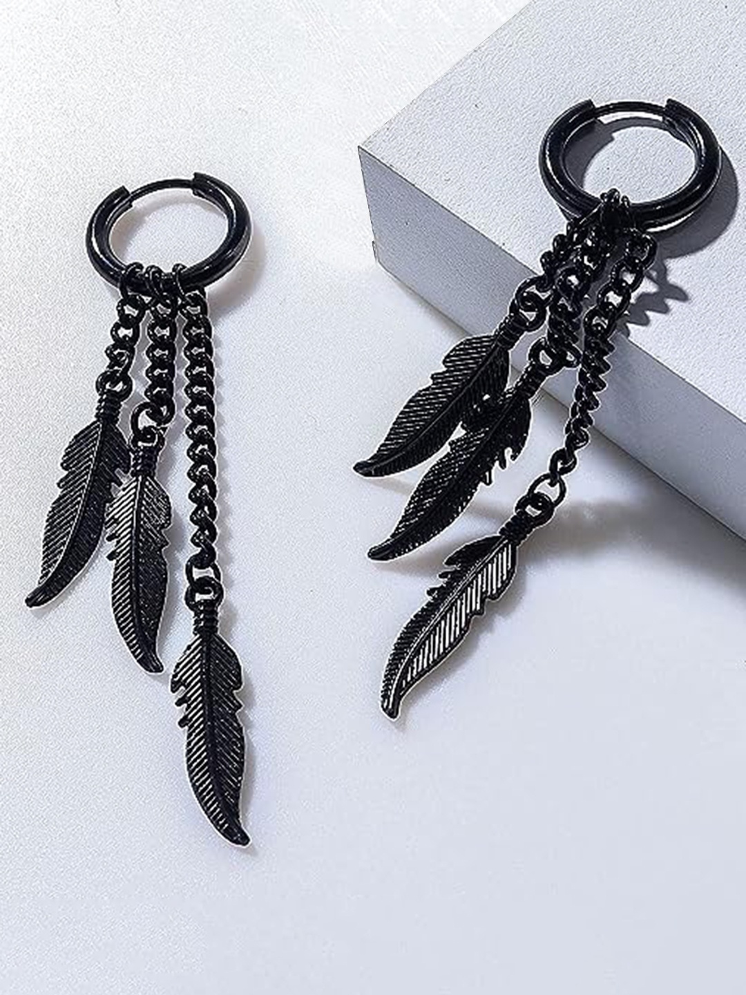 

KRYSTALZ Men Feather Shaped Drop Earrings, Black