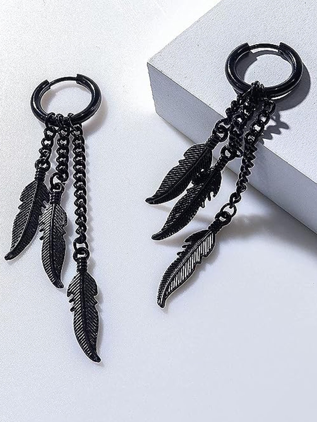 

KRYSTALZ Men Feather Shaped Drop Earrings, Black