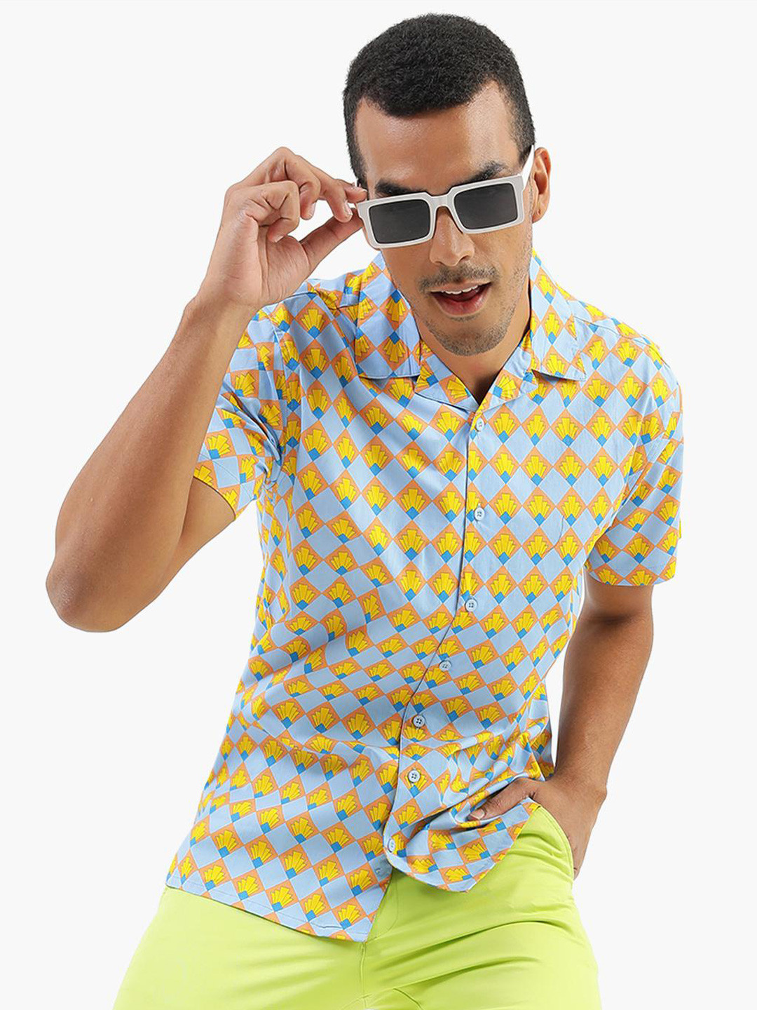 

Virgio Regular Fit Geometric Printed Cuban Collar Cotton Casual Shirt, Blue