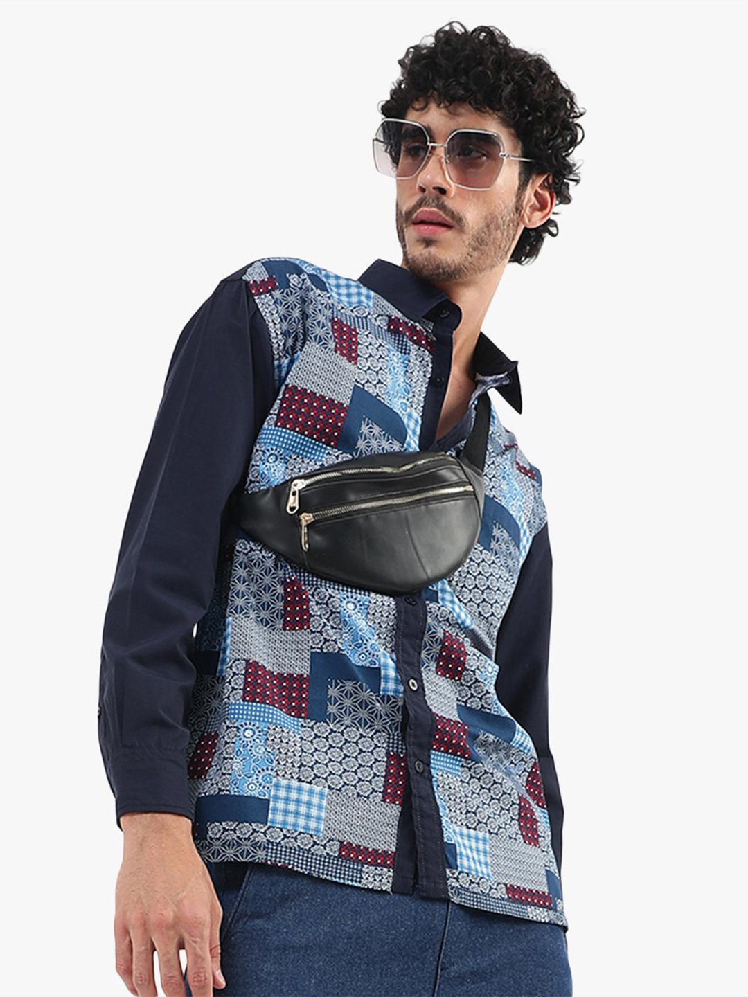 

Virgio Oversized Fit Ethnic Motifs Printed Spread Collar Cotton Casual Shirt, Navy blue