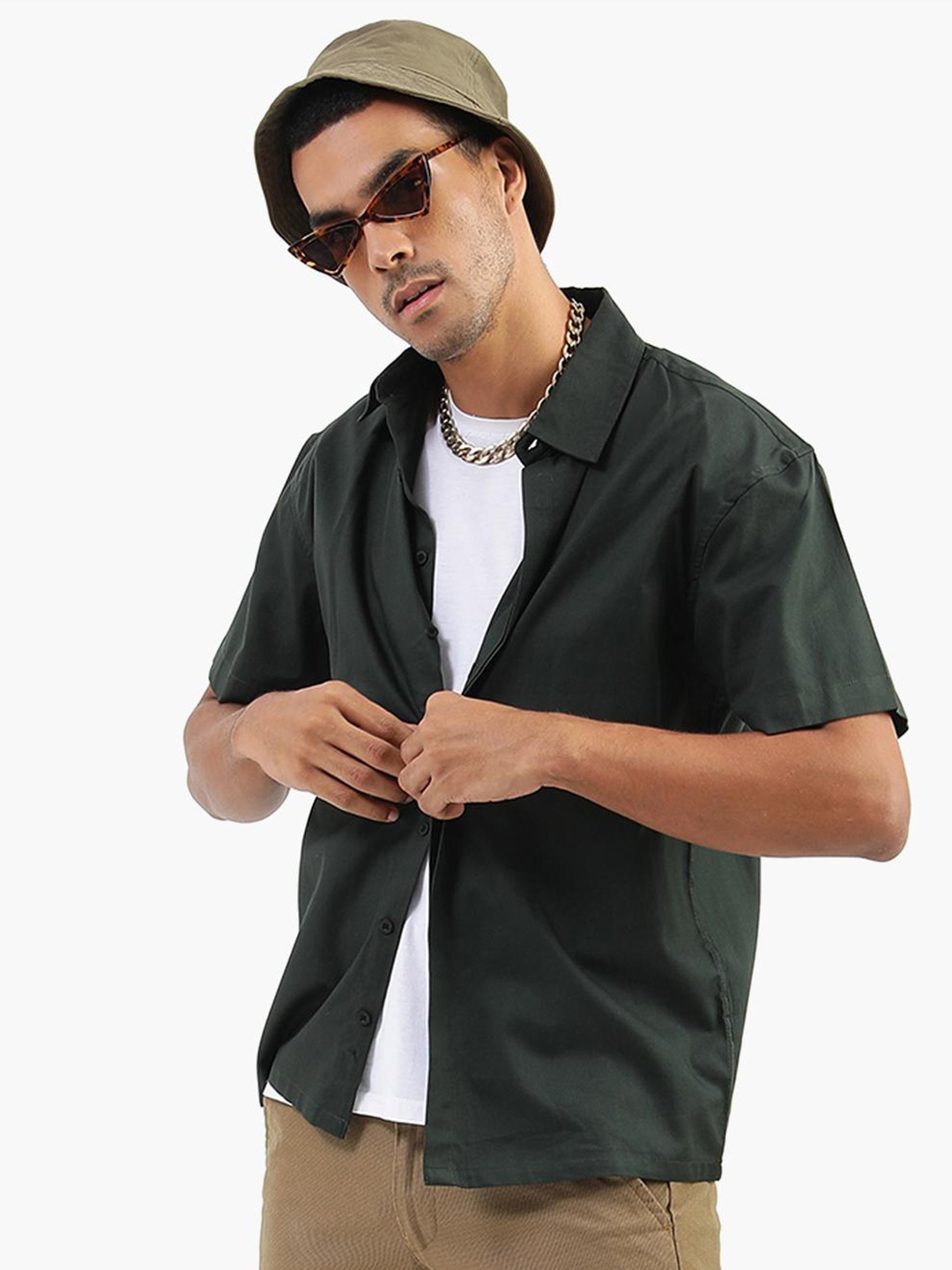 

Virgio Oversized Fit Spread Collar Cotton Casual Shirt, Green