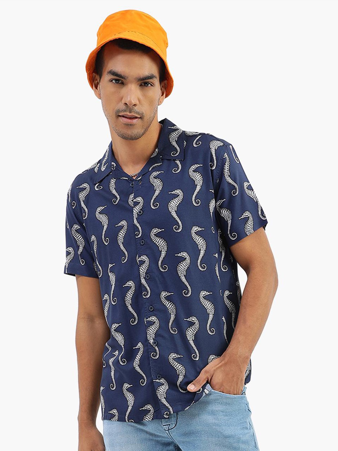 

Virgio Regular Fit Conversational Printed Spread Collar Casual Shirt, Blue