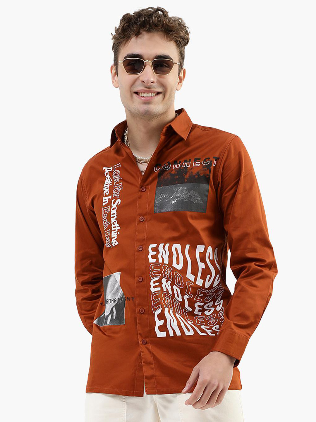 

Virgio Regular Fit Graphic Printed Long Sleeve Cotton Casual Shirt, Rust