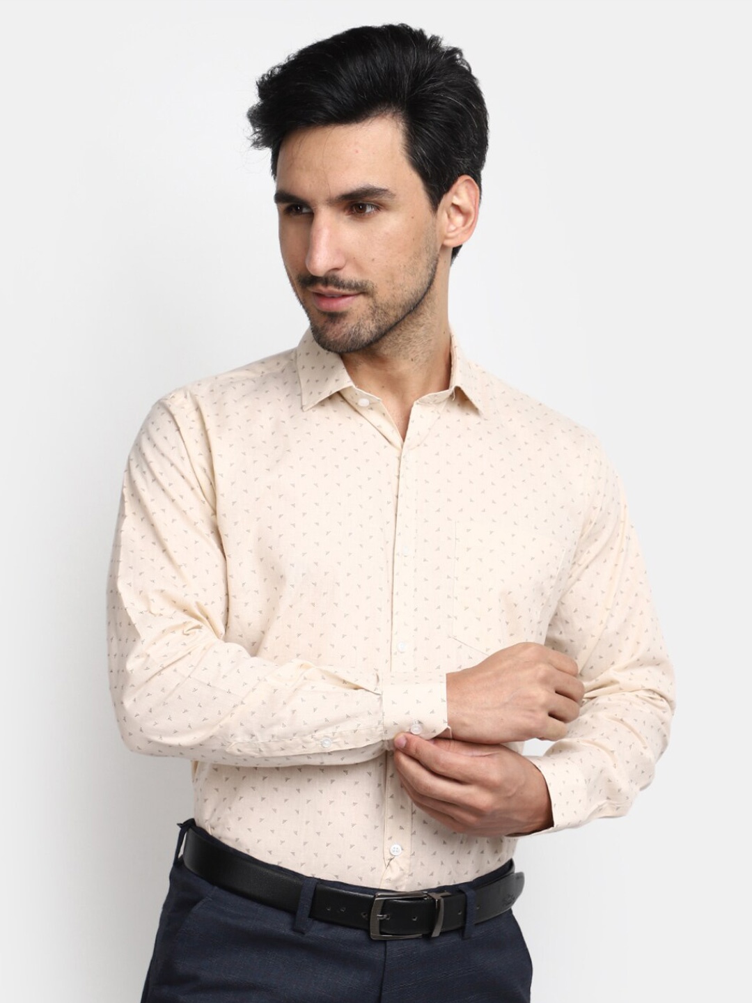 

V-Mart Regular Fit Micro Disty Printed Spread Collar Pure Cotton Formal Shirt, Beige