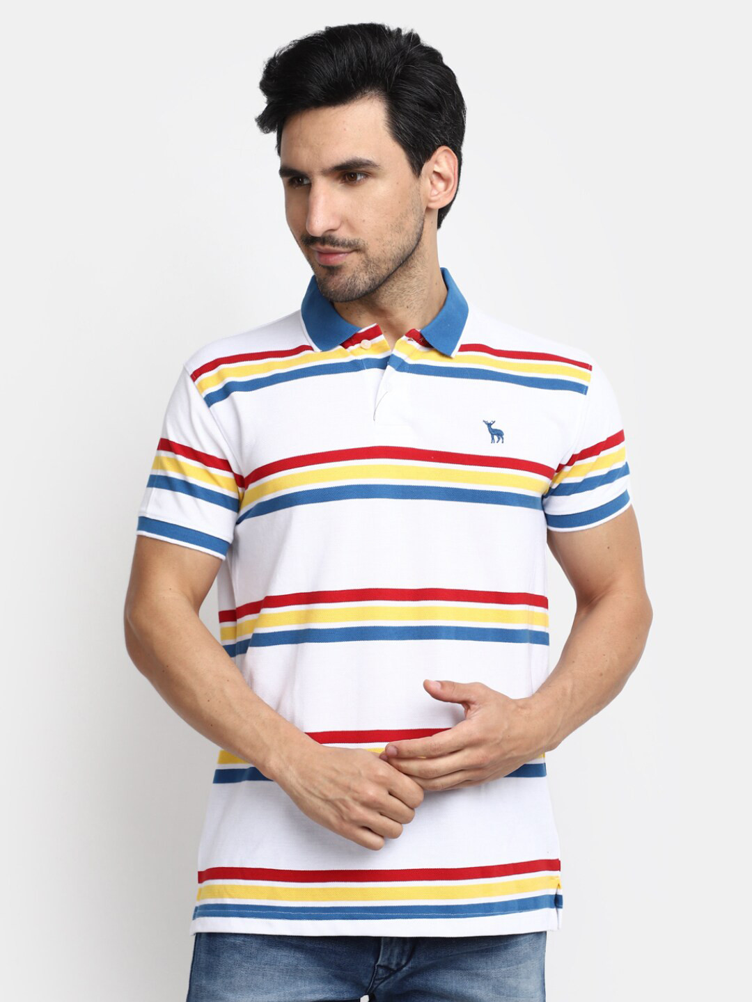 

V-Mart Striped Polo Collar Cotton Casual T-shirt, White