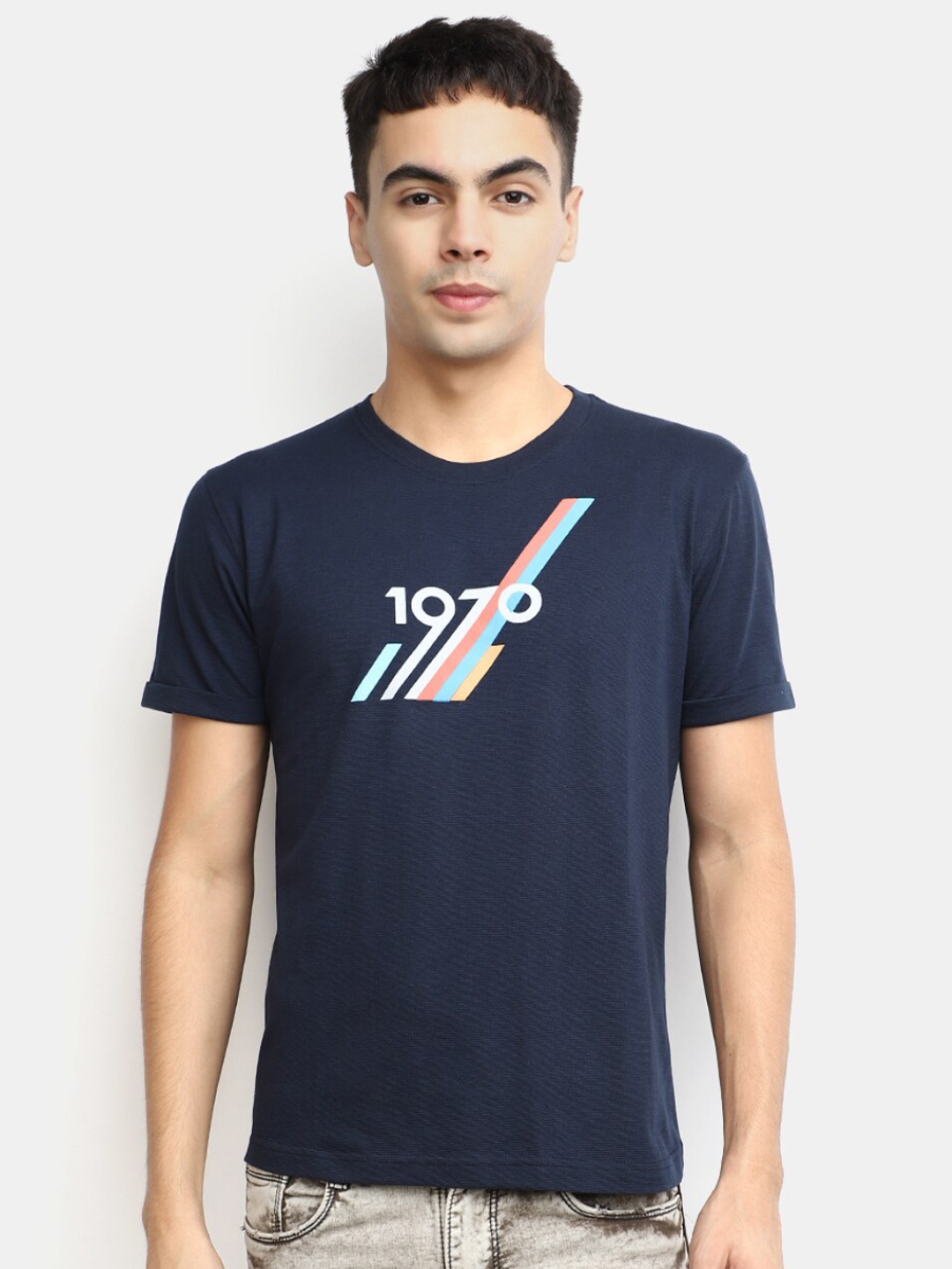 

V-Mart Graphic Printed Slim Fit Cotton Casual T-shirt, Blue