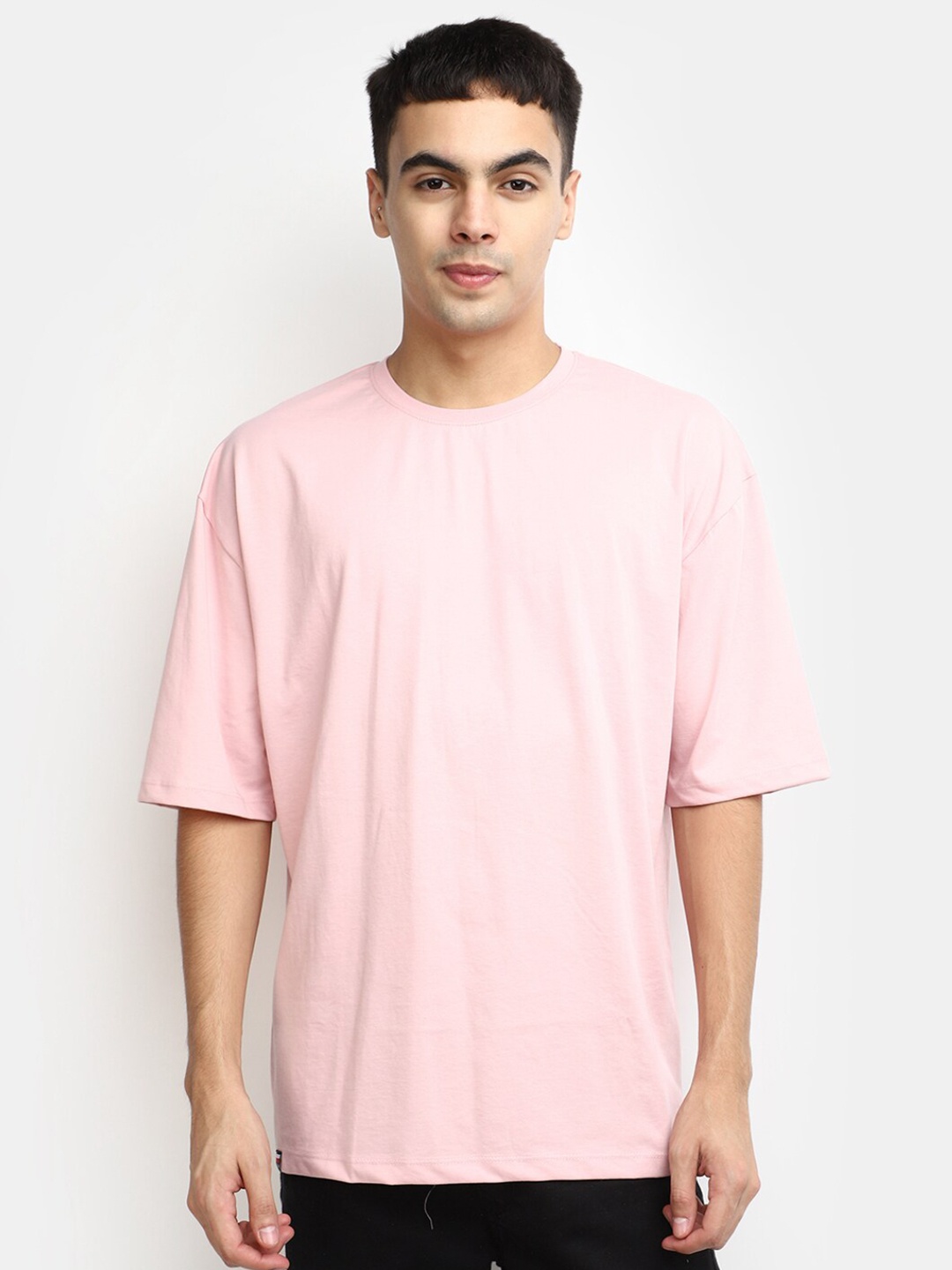 

V-Mart Round Neck Drop-Shoulder Sleeves Cotton T-shirt, Pink