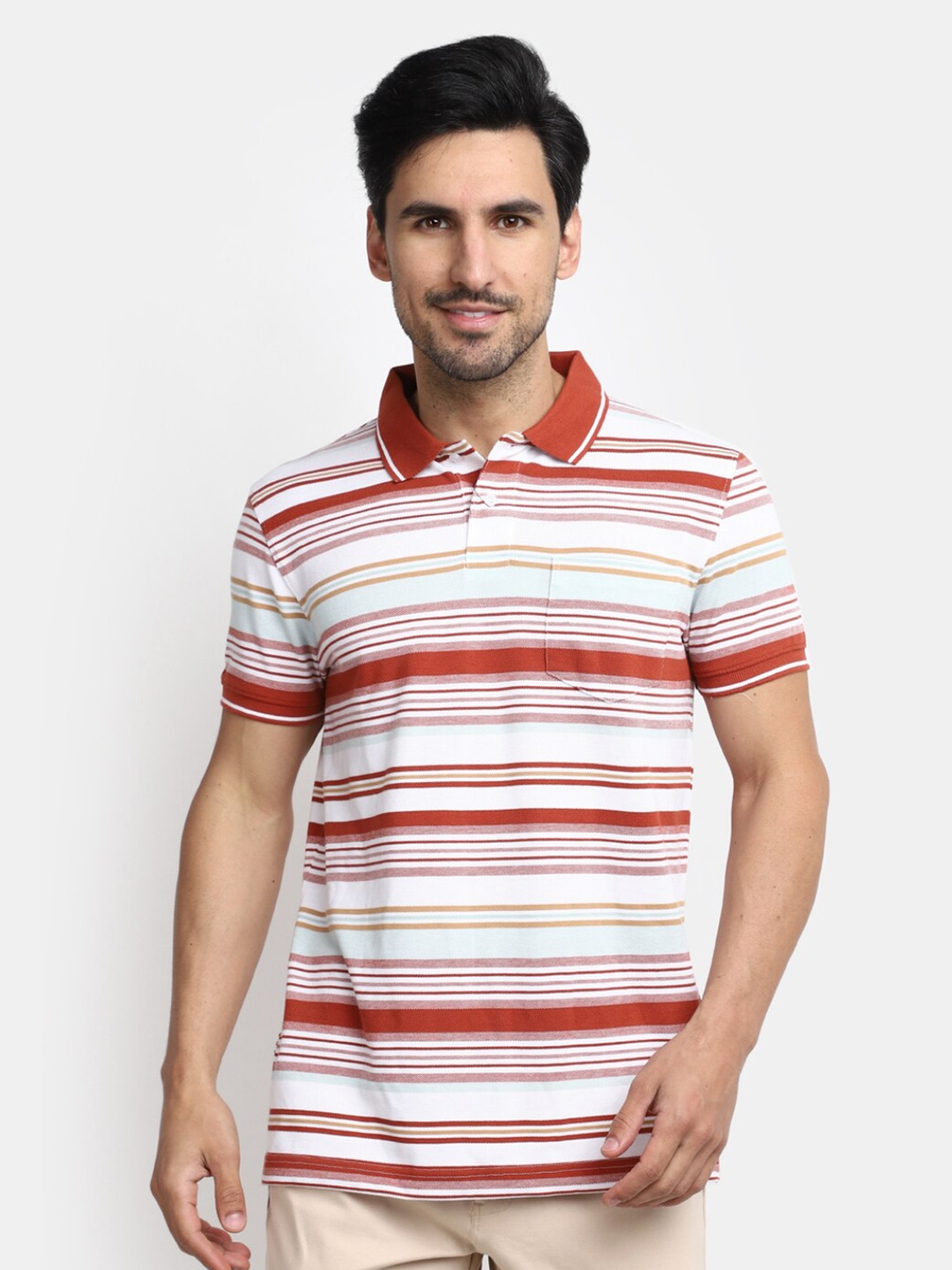 

V-Mart Striped Polo Collar Cotton T-shirt, Maroon