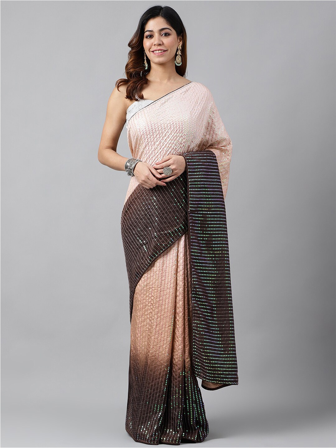 

Globon Impex Embellished Sequinned Silk Blend Saree, Brown