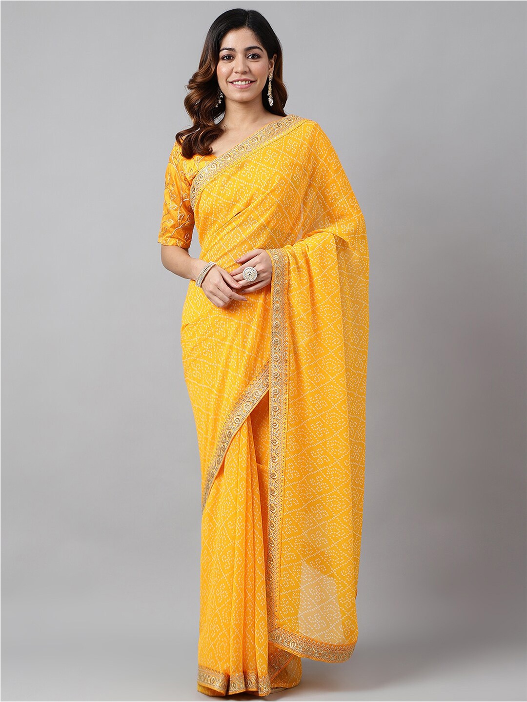 

Globon Impex Bandhani Printed Embroidered Pure Georgette Saree, Yellow
