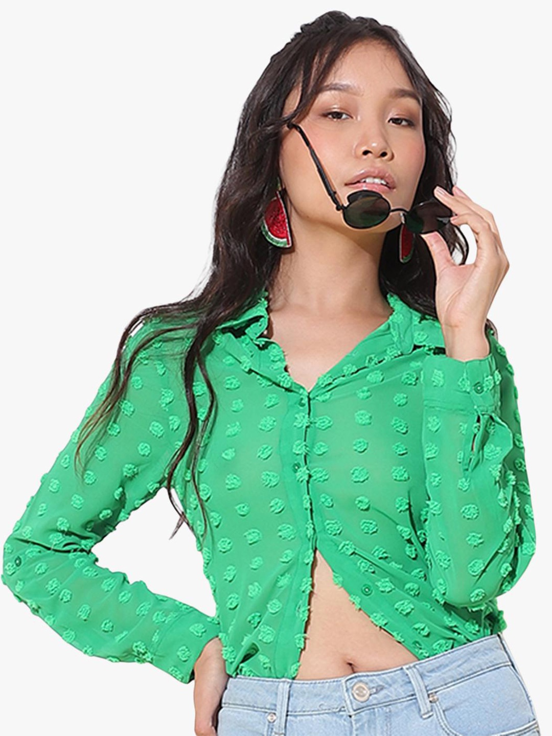 

Virgio Regular Fit Self Design Spread Collar Sheer Casual Shirt, Green