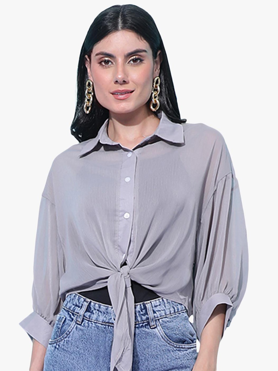 

Virgio Shirt Collar Puff Sleeve Tie-Ups Shirt Style Top, Grey