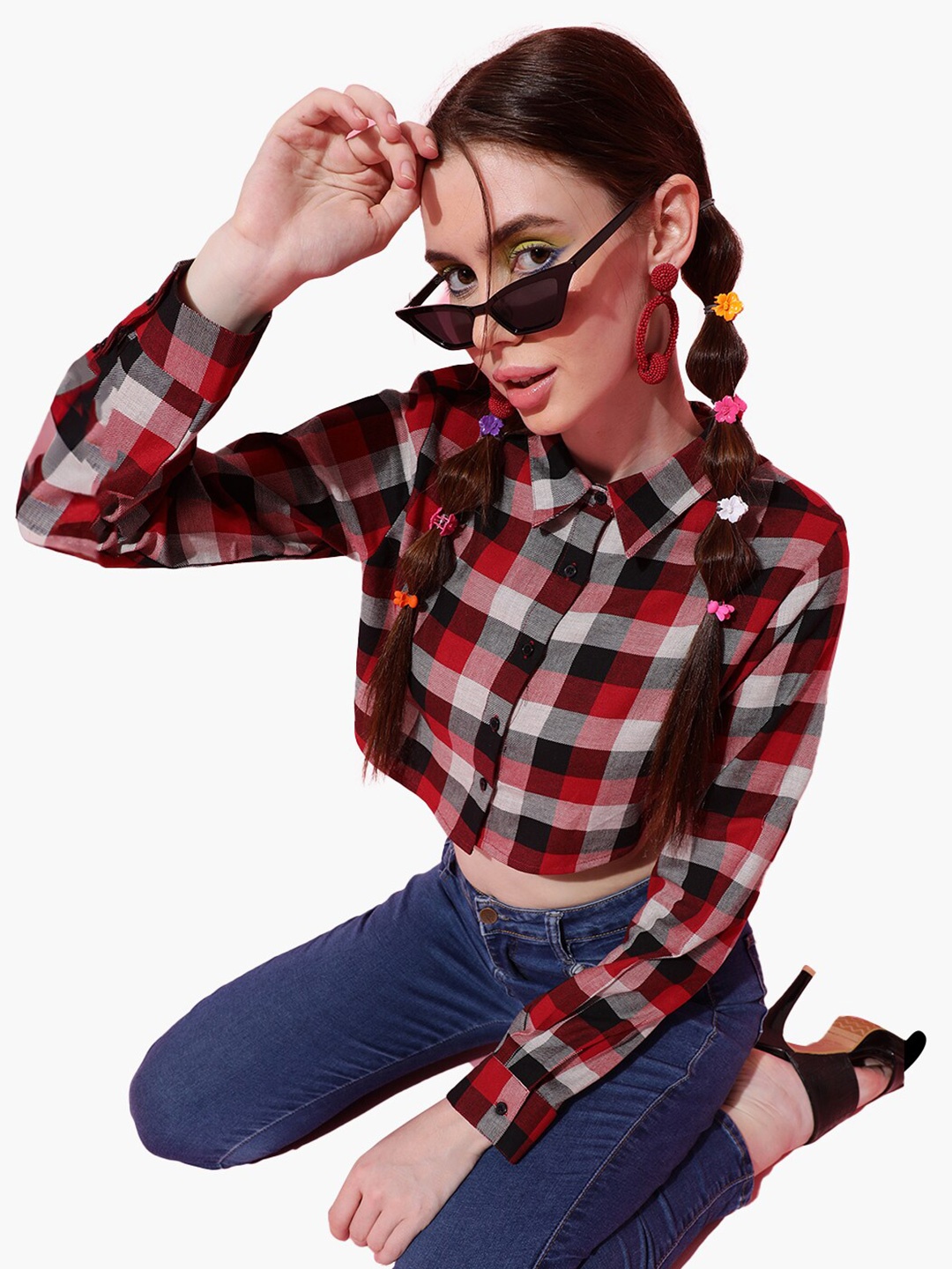 

Virgio Regular Fit Checked Spread Collar Crop Cotton Casual Shirt, Red