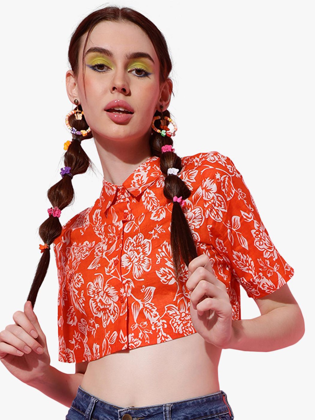 

Virgio Regular Fit Floral Printed Spread Collar Crop Cotton Casual Shirt, Orange